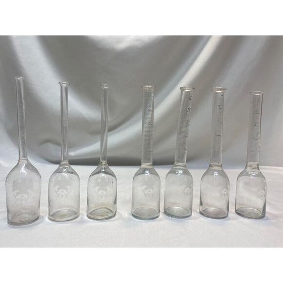 7 Antique Etched Clear Glass Cream Test Bottles of Volumetric Beakers - Picture 1 of 14